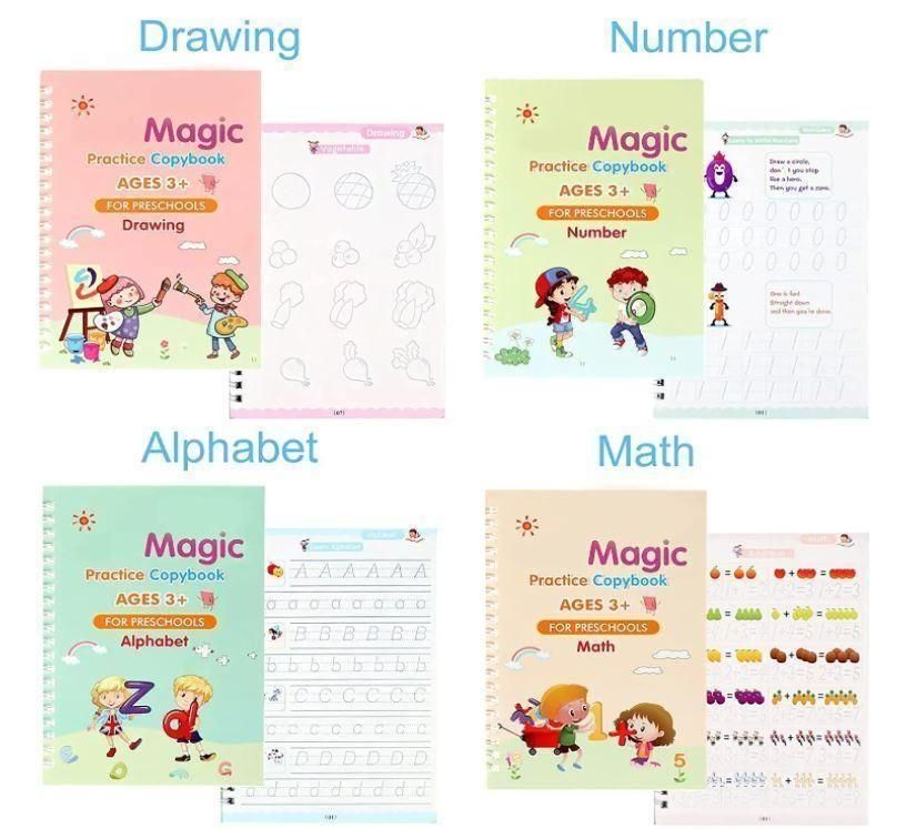 Magic Book Set Set of 2 for Kids – Early Learning Workbook with Reusable Pages ( 8 Book + 20 Refill+2 Pen+2 Grip)