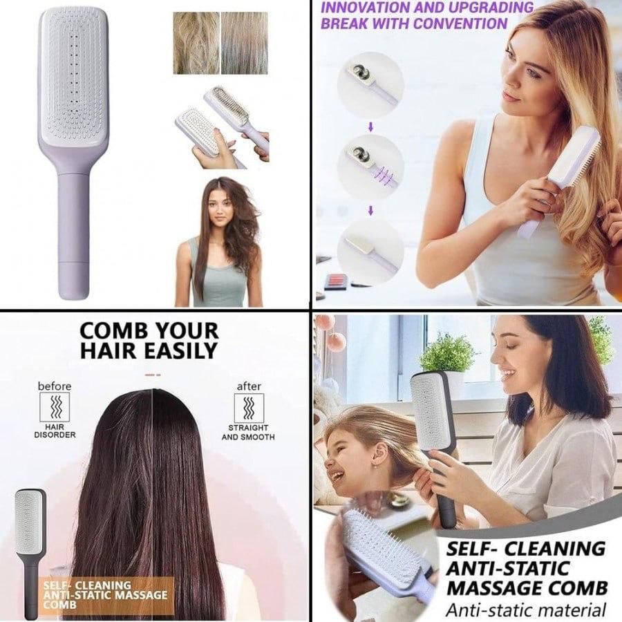 Self-Cleaning Hair Brush with Retractable Bristles - Anti-Static and Scalp Massage